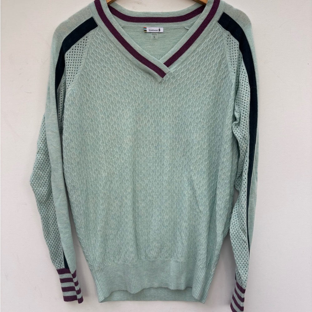 Smartwool Women's Mint V-Neck Sweater with Black and Burgundy Trim